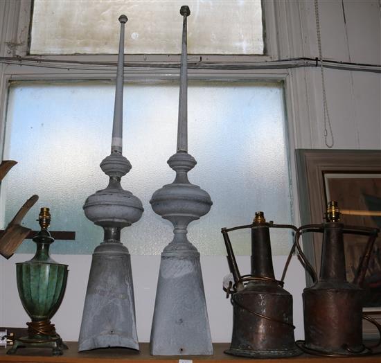 Pair copper table lamps, one other and a pair of galvanised finials (5)